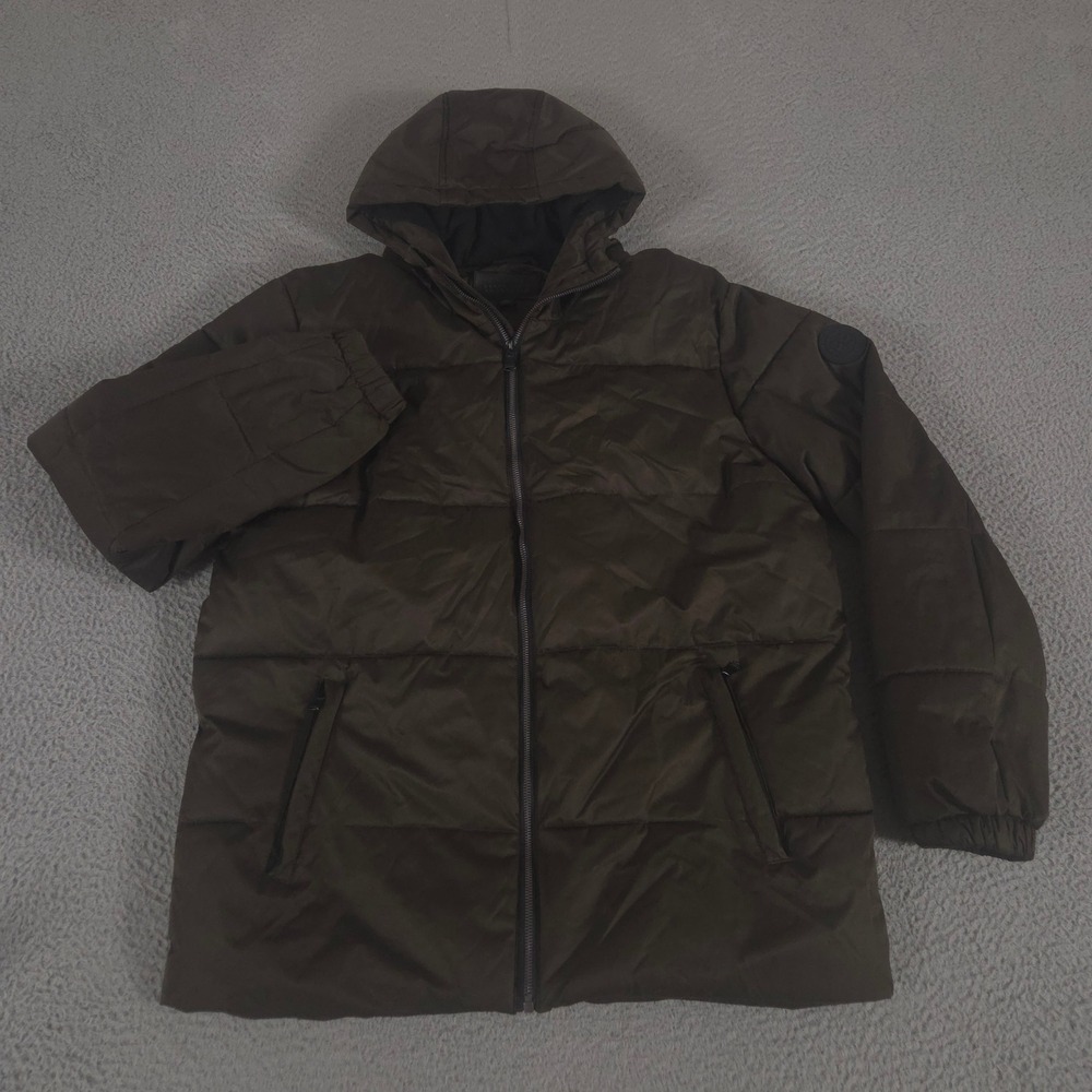 Perry Ellis Jacket Mens Medium Brown Puffer Hooded Full Zip Quilted Coat Outdoor